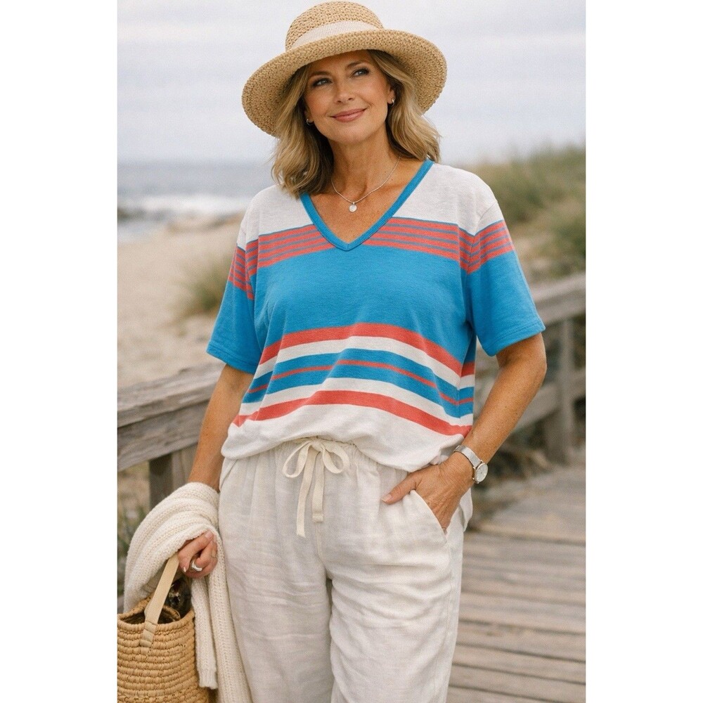 Pendleton Cotton V Neck Striped Tee Short Sleeve Shirt L Coastal Summer Shirt